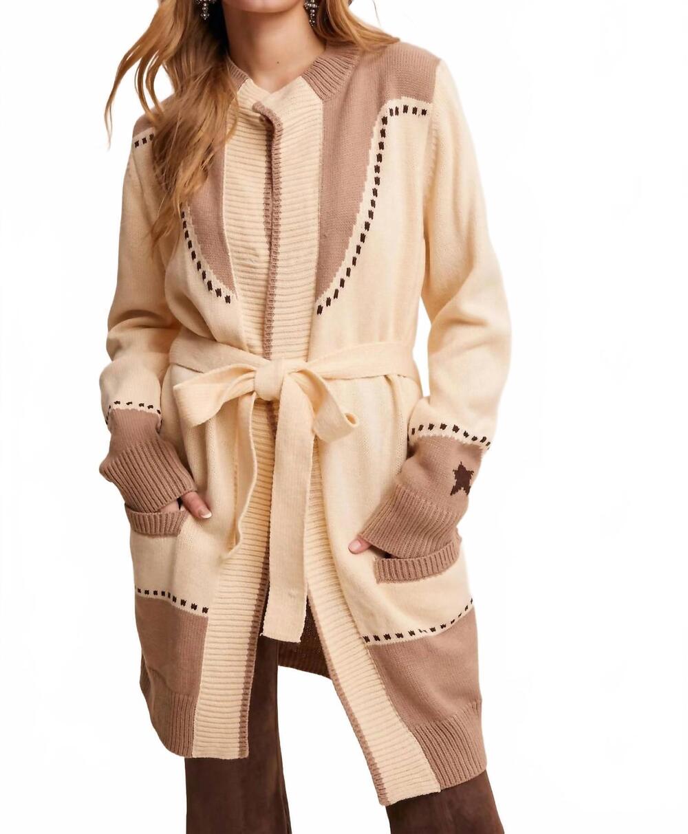 NEW LISTICLE western horseshoe belted cardigan in beige